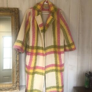 Womens Cream Plaid Wool-Blend Coat with Pink & Green Stripes